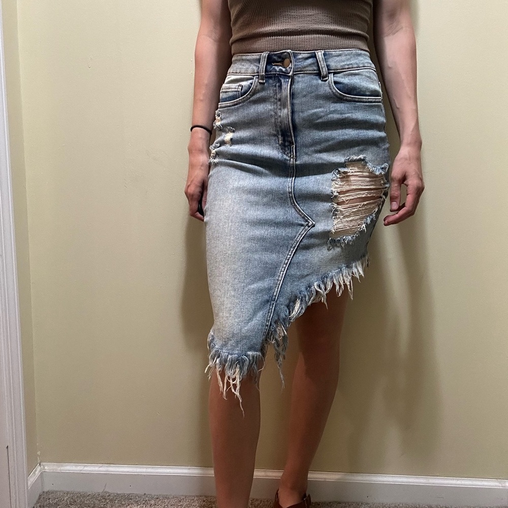 Poison Mushroom | Distressed Denim Asymmetrical Skirt